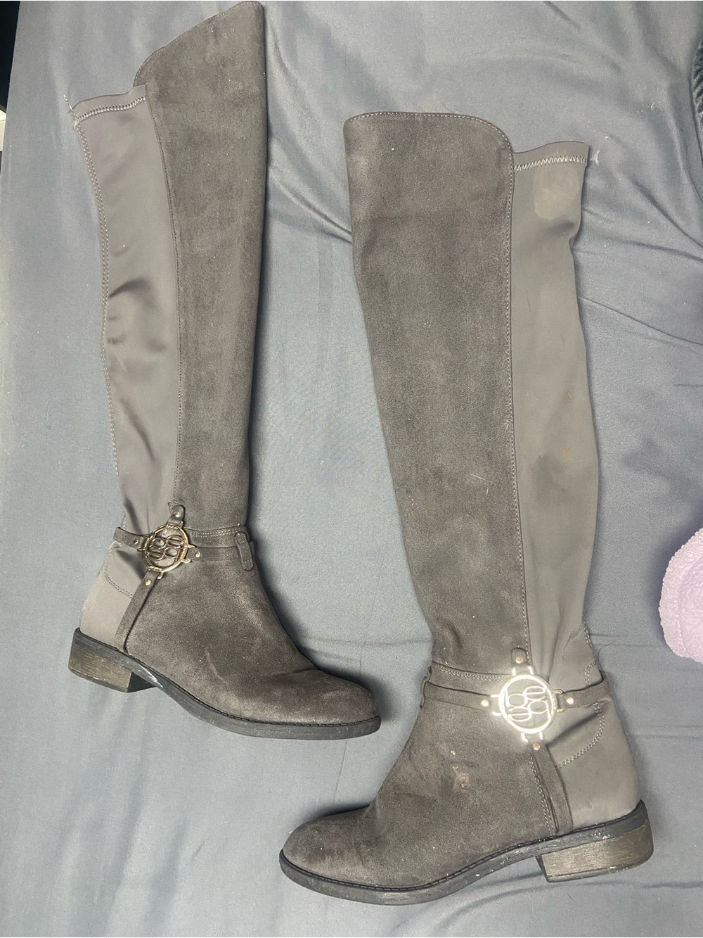 bebe Gray Over-the-Knee Suede and Stretch Riding Boots with Gold Buckle